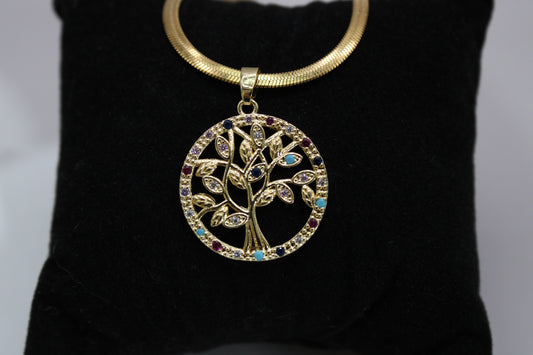 18k Gold Plated Stainless Steal Tree of Life & Rhinestone Necklace and Chain